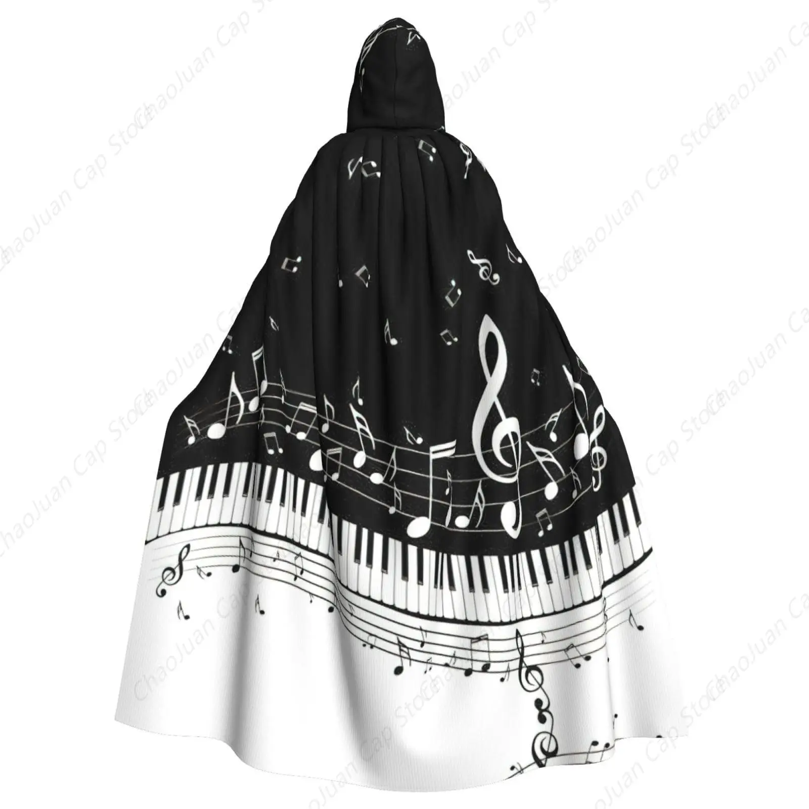 Piano Keys With Musical Notes Print Adults Hooded Cloak With Halloween Christmas Witch Cape Robe Costume Party Supplies