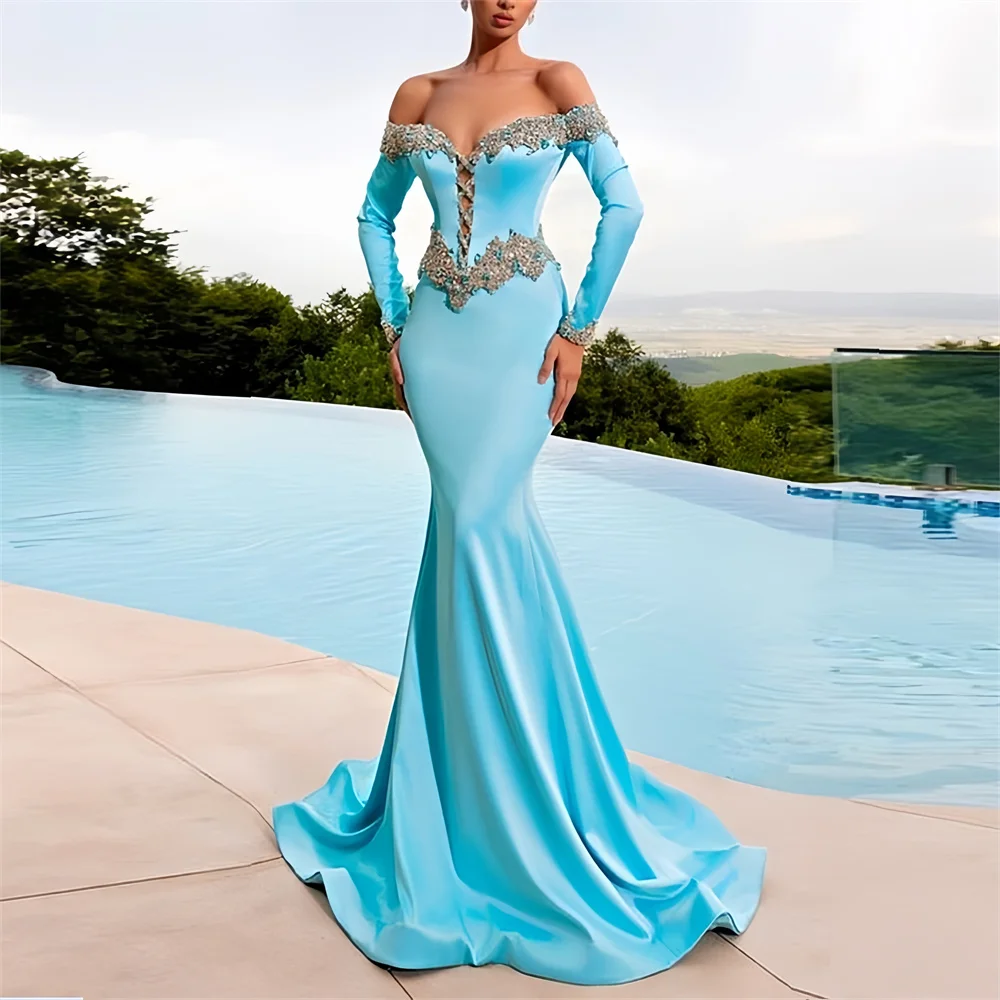 

Prom Gown Formal Saudi Arabia Off-the-shoulder Trumpet Floor Length Skirts Hugging Beading Bead Bespoke Occasion Dresses Evening