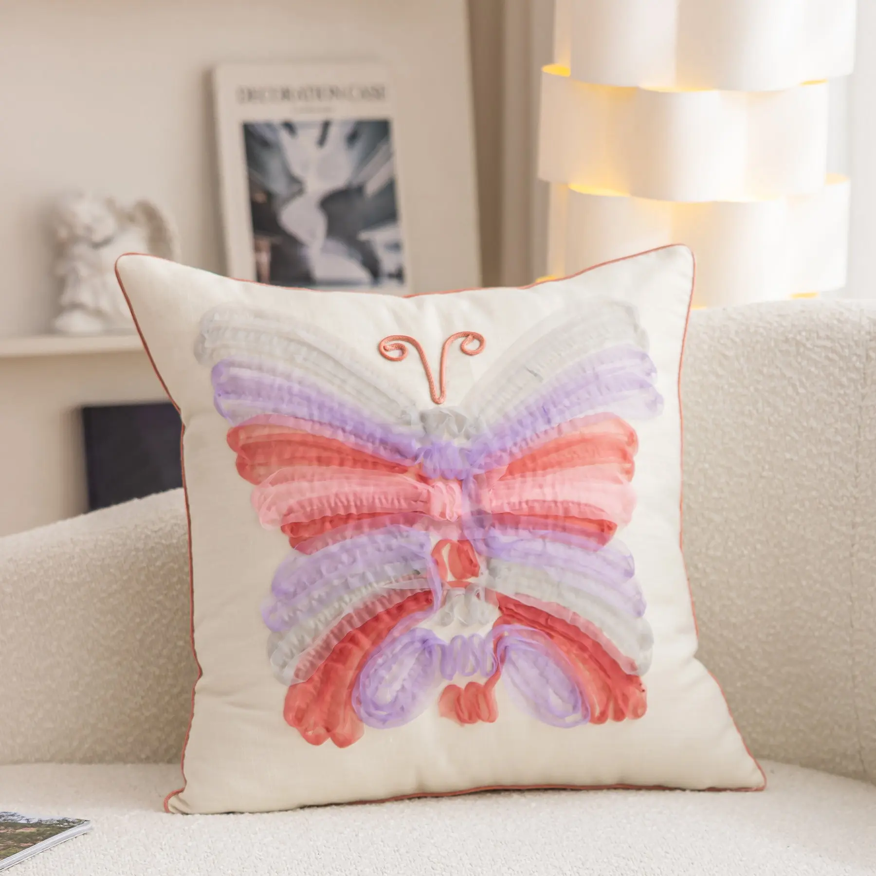 45x45cm Pillow Cover, Colorful 3D Butterfly Applique & Ribbon Embroidery, Cotton Sofa Cushion Case for Living Room Decor