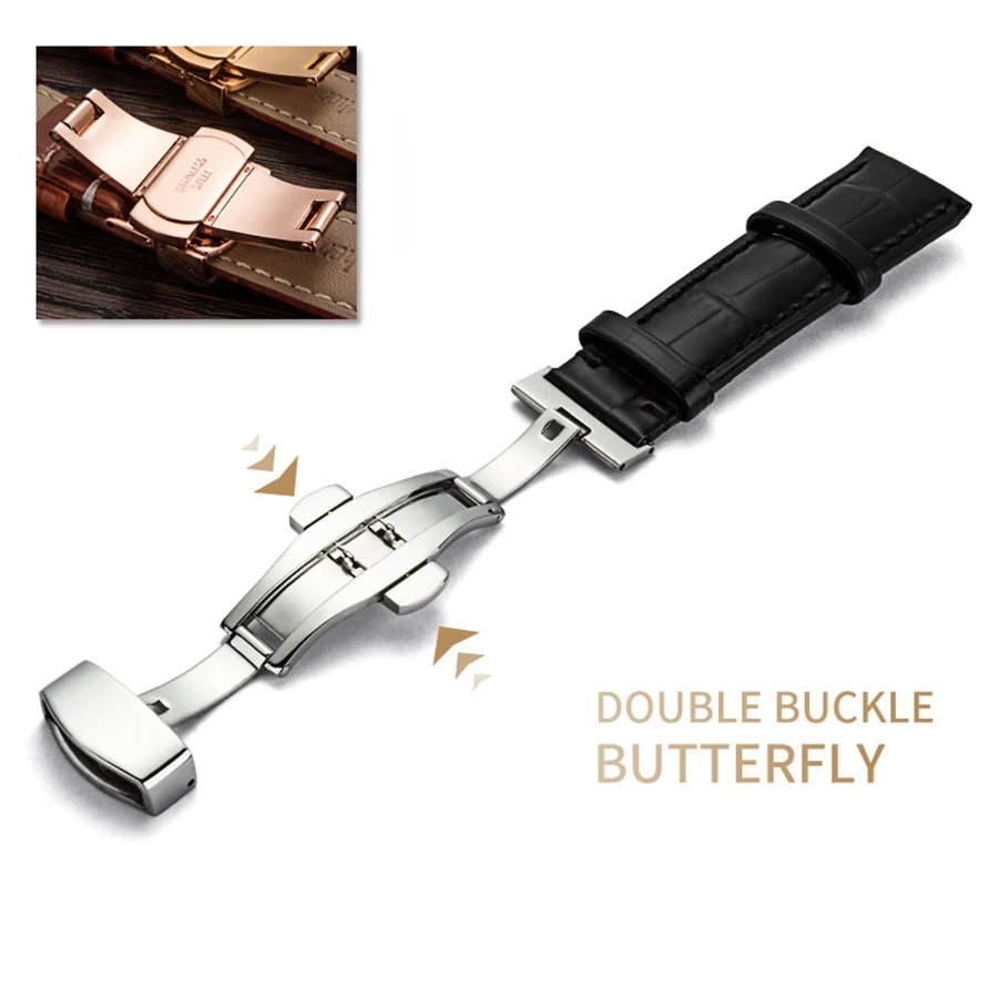 Premium Genuine Leather Watch Band 12-24mm Classic Leather Wristband Strap 20mm Butterfly Clasp Watchband Replacement Bracelet