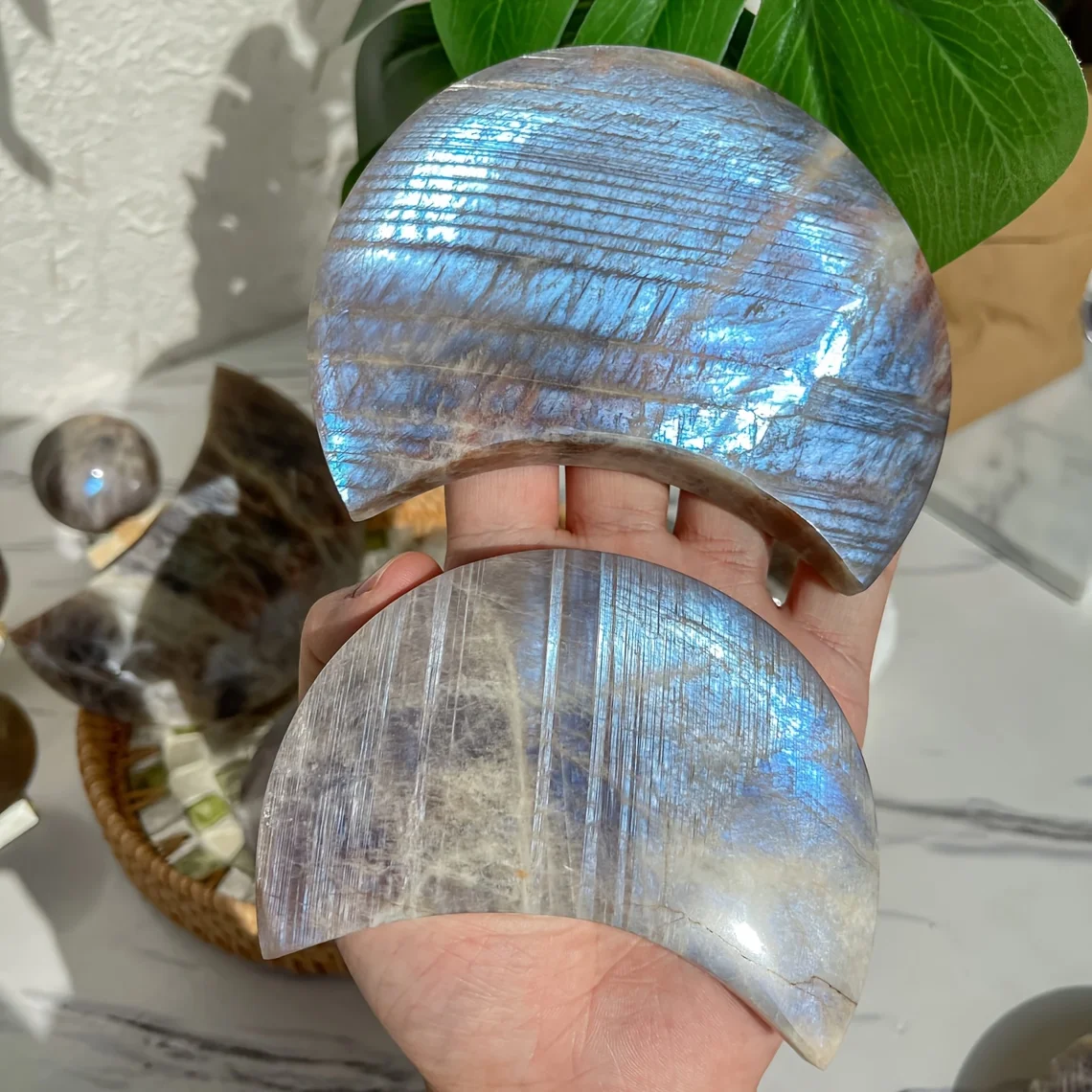 Mystical Charm, Bohemian Hand-Carved Blue Moonstone with Sunstone Accents - Ideal for Jewelry, Shoes & Watches Accessories