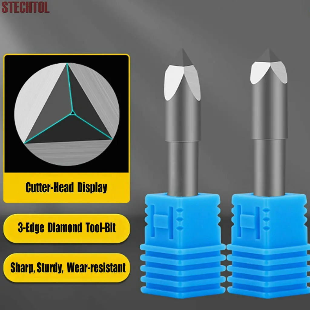 6mm 3-Flute PCD Diamond Router Bit CNC Granite Tools Engraving Milling Cutter for Stone Marble Carving Lettering 3pc Endmill Set