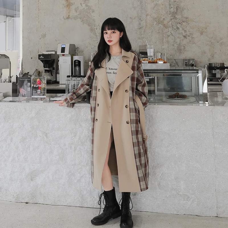 

SuperAen хаки драпированный лоскутный плащ контрастного цвета для женщин с длинной талией весна и осень новые повседневные пальто