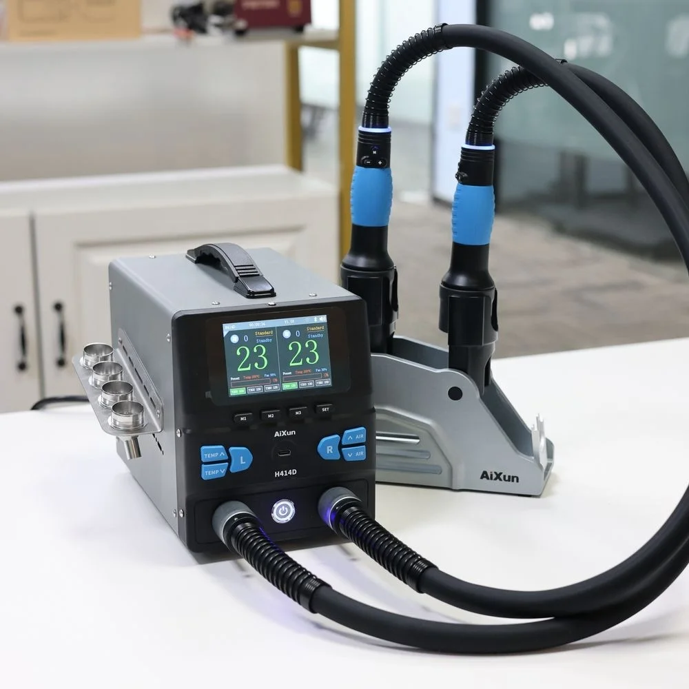 H414D Dual Station Hot Air Rework Station, with 1400W Dual-Heating System for Industrial Rework, Honeycomb Heating Tube Design