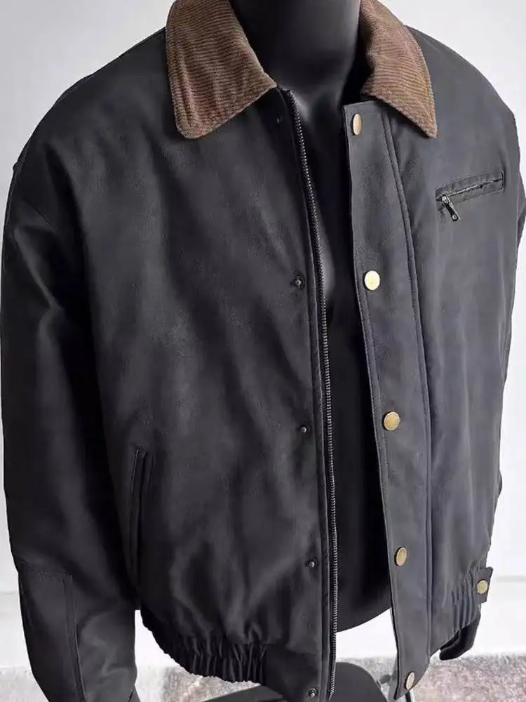 

American Sle Casual Corduroy Patchwork Leather Jaet Men's New Vintage High Quali Workwear Coat Loose Fit Pure Color