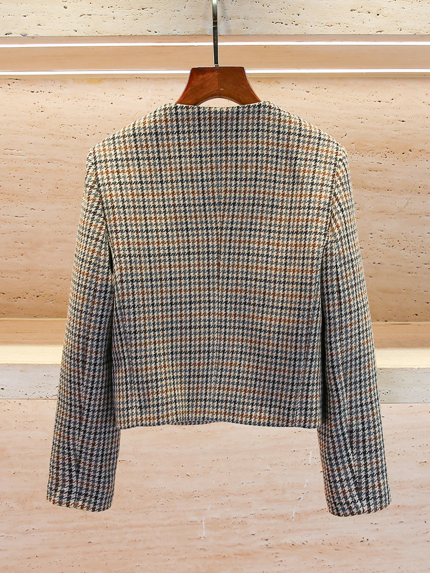 

M Home Nan You High End Women's Autumn Small Fraance Sle Tweed Plaid Jaet Coat Button Detail Stand Fit ort Length