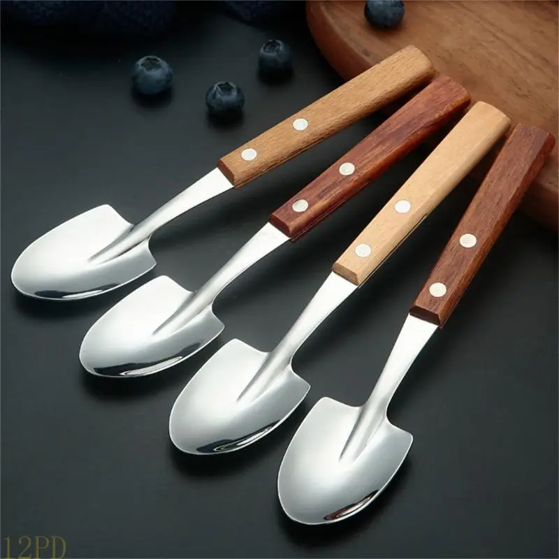 12PD Set Of 2 Ice Cream Shovel Spoons with Wooden Handle Elegant Stainless Steel Dessert Serving Utensils Kitchen Tool