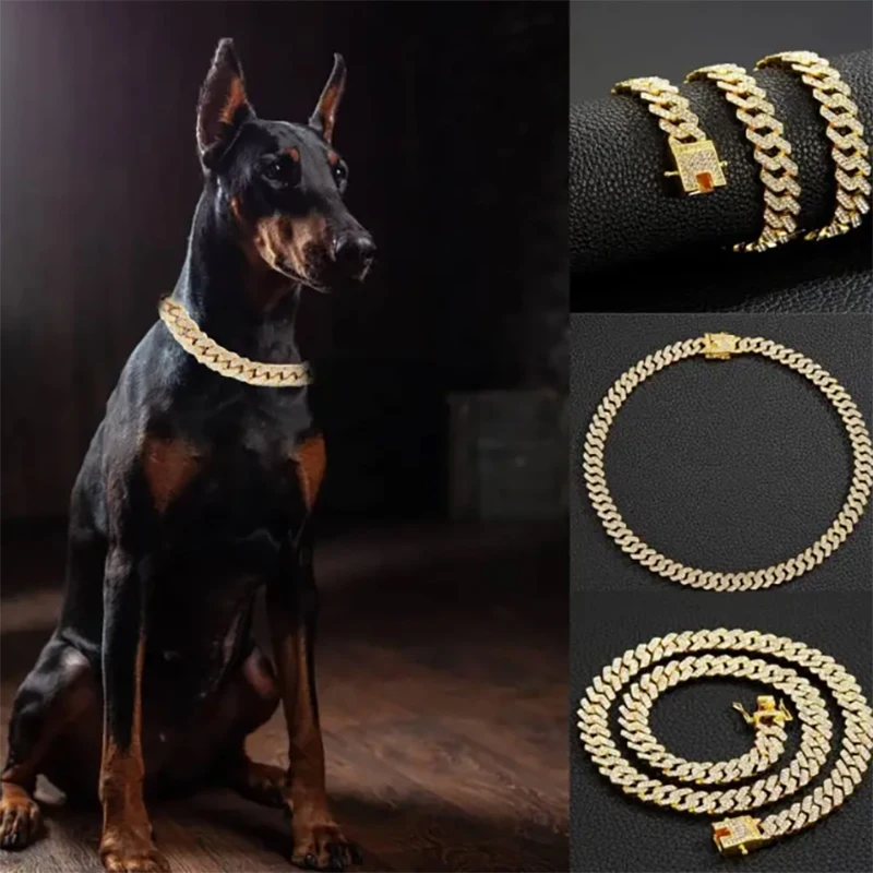 Sparkling Diamond Dog Chain Collar with Safety Clasp, Gold Stainless Steel Cuban Chain Walking Chain for Large Dogs Pet Necklace