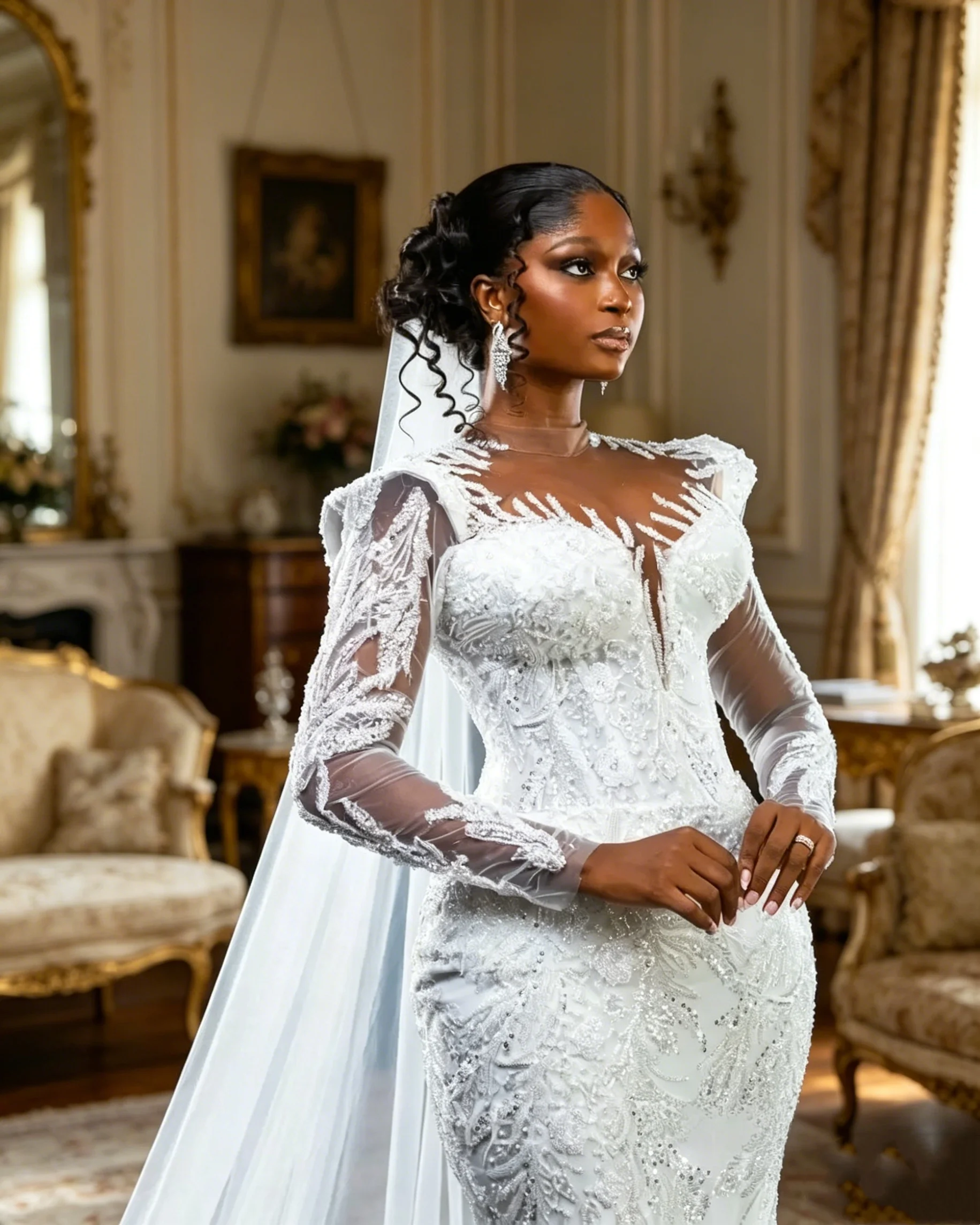 Maßgeschneiderte Meerjungfrauen-Brautkleider für die Braut, transparente Illusionsärmel, appliziert mit Perlen und Spitze
