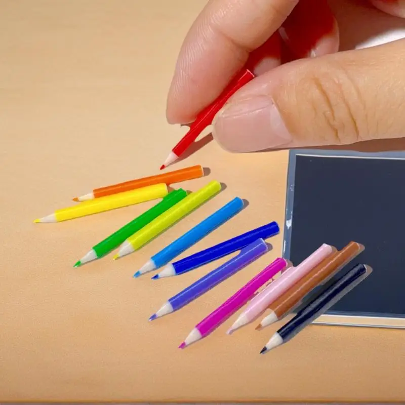 Kids Pretend Play Pack - 10/12pcs Miniature Colored Pens and School Supplies Model for Doll House Accessories
