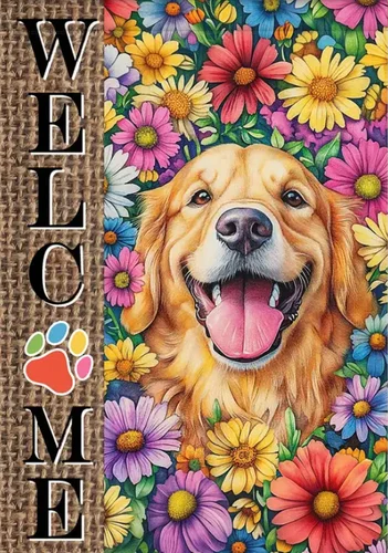 Welcome Golden Retriever Floral Burlap Garden Flag 12
