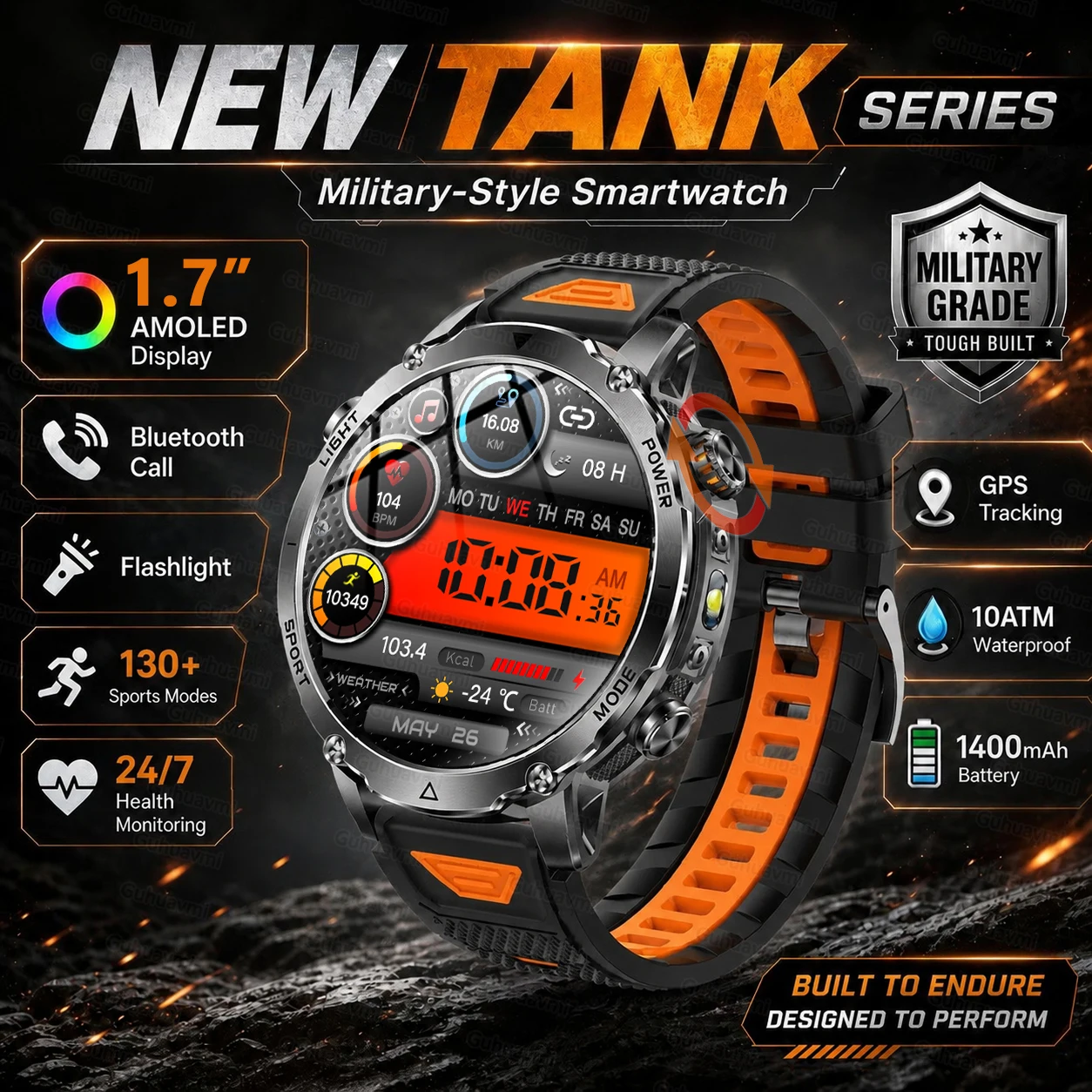 Rugged Outdoor Smartwatch for Men 1400mAh Ultra SmartWatch 10ATM Waterproof Fitness Tracker  Band HD Call 100+ Sport Mode Watch