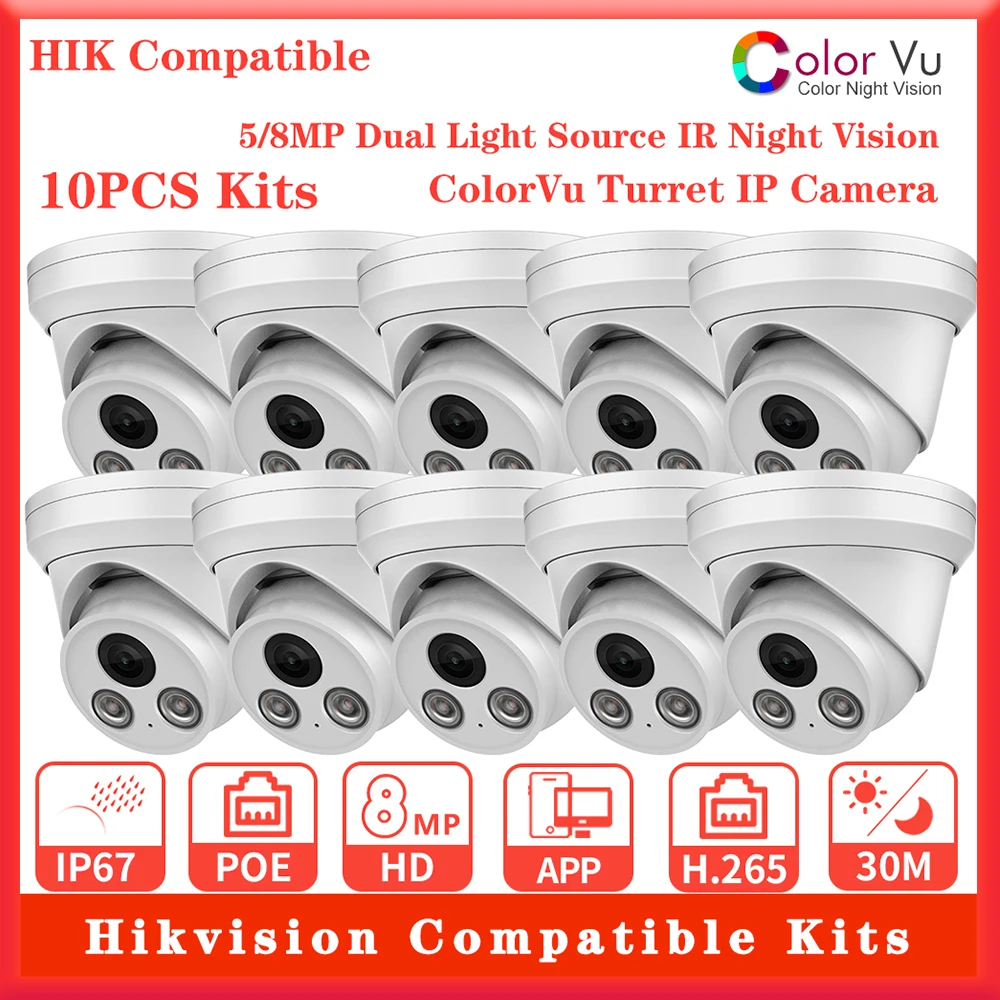 5MP/8MP 10PCS Kits Hikvision Compatible Dual Light Source IR Night Vision 8MP ColorVu Turret IP Camera Built-in MIC H265 POE