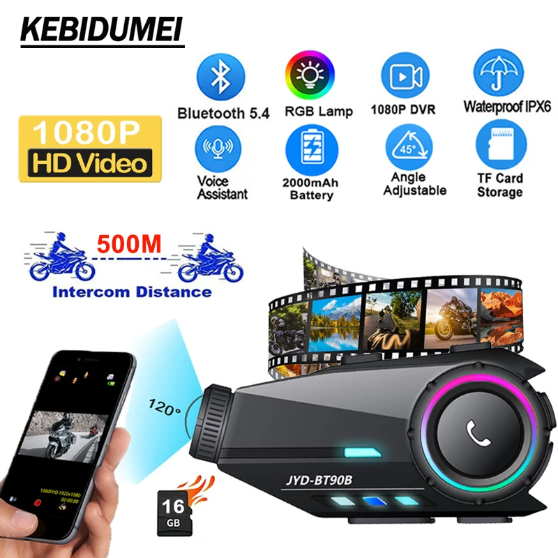 

Мотоциклетная гарнитура-интерком 500M с Bluetooth, DVR-камерой, Wi-Fi видеорегистратором 1080P, 2000 мАч, водонепроницаемая, широкоугольная, для 2 райдеров
