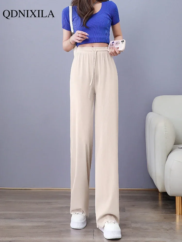 Summer New Ice Silk Women\'s Pants Wide Leg Korean Fashion Elegant Thin High Waist Elastic Casual Woman Sagging Straight Pants