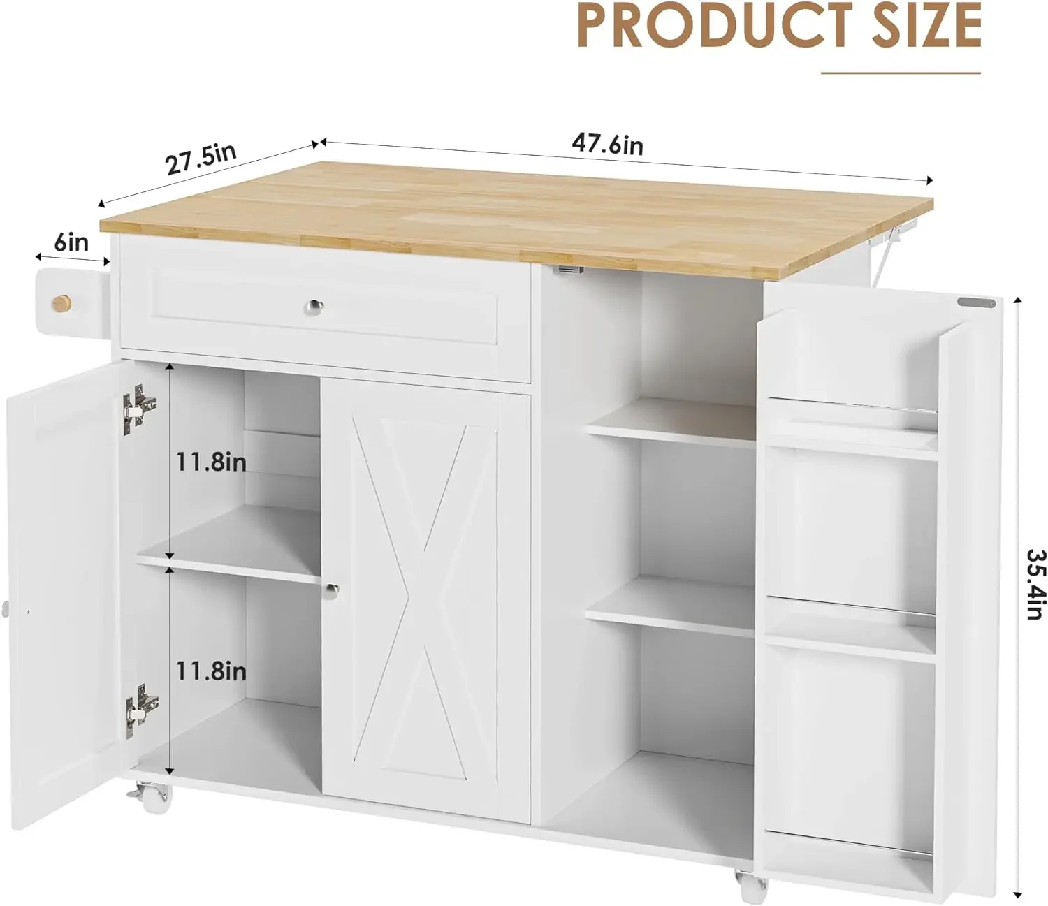 BOTLOG Kitchen Island with Storage, Island Table on Wheels with Drop Leaf, Spice Rack, Drawer, Towel Rack,Rolling Kitchen Island