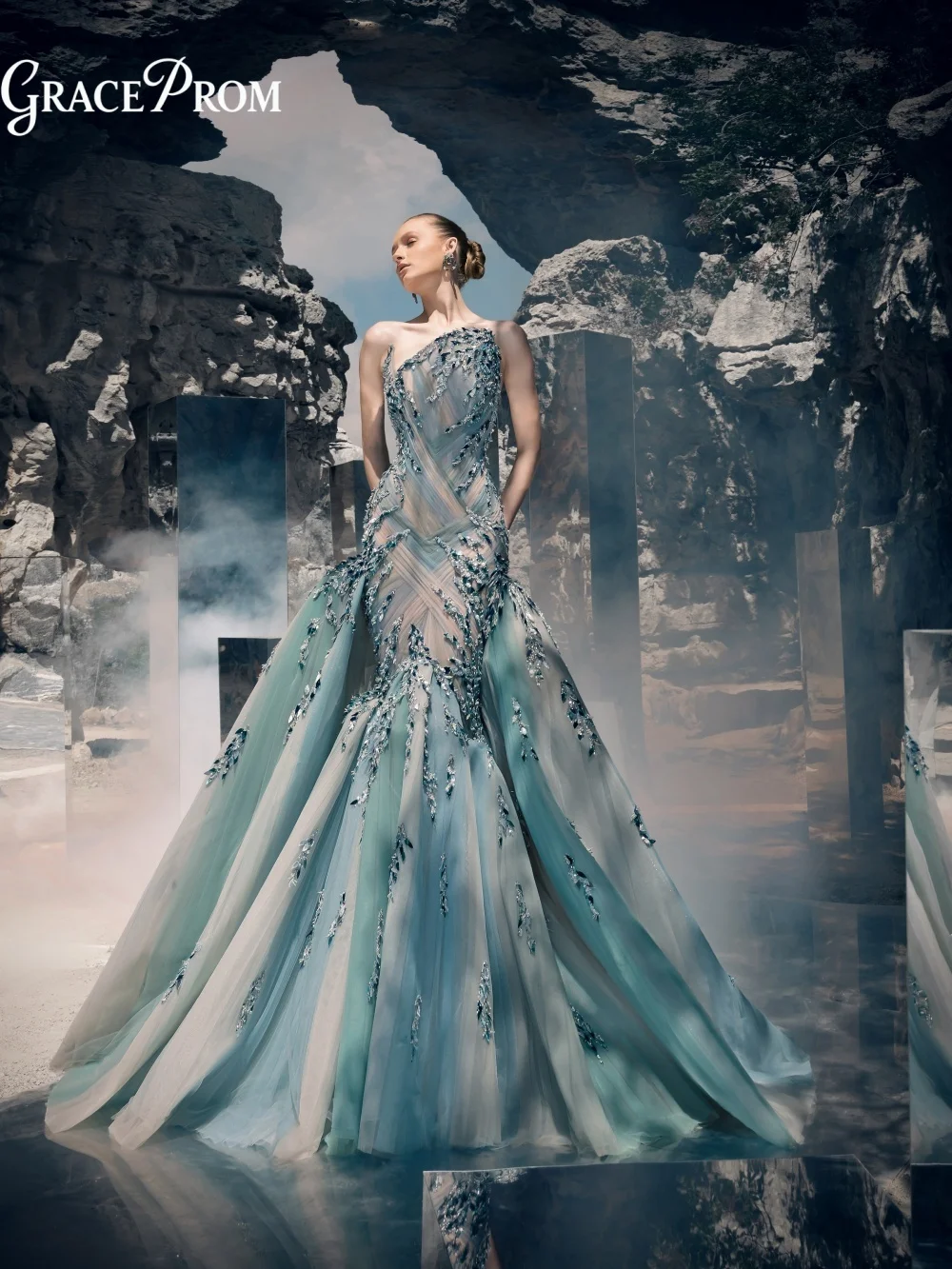 Ethereal One Shoulder Ombre Blue Crystal Beaded Mermaid Evening Gown Layered Tulle Wedding Guest Dress فساتين سهرة Prom Dress