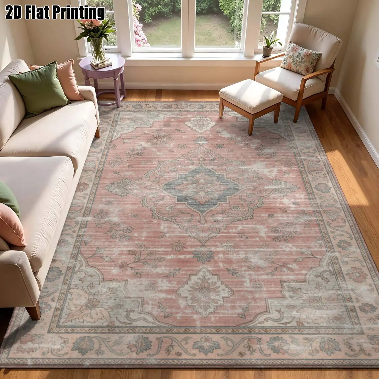 1Pc 2D Printed Retro Pink-Blue Geometric Carpet: Vintage, Bohemian, European Style, Machine Washable, Multi-Size, Ideal for Living Room, Bedroom, Dining Room, Entrance, Study Home Decor