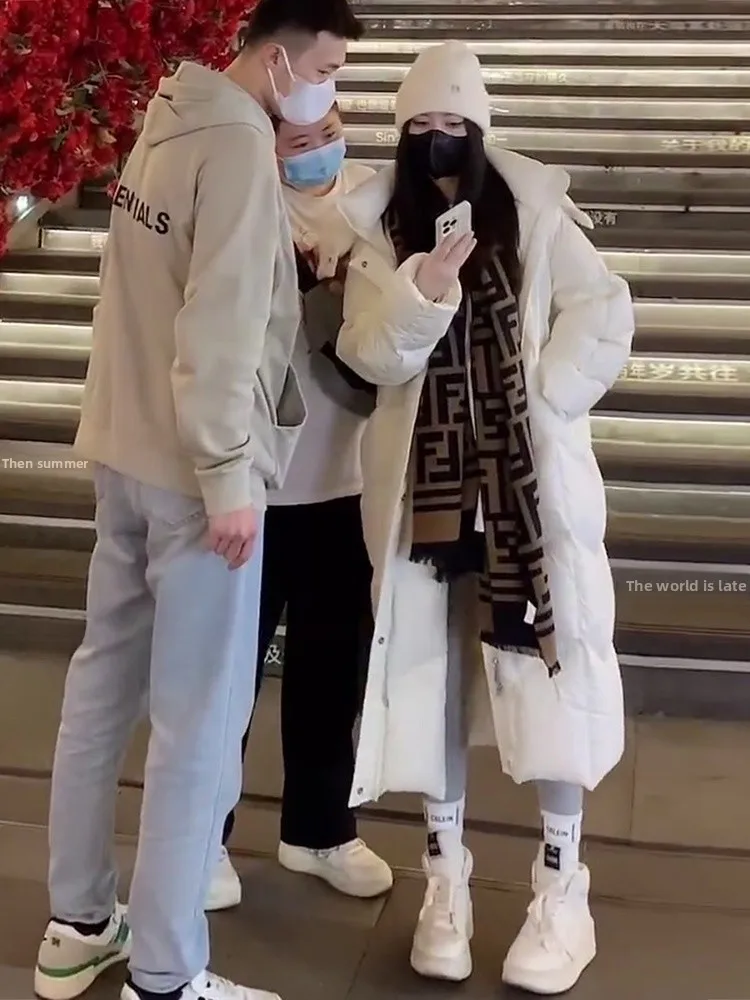 

Faionable White Du down Jaet Women's Winter Coat Loose Fit Thi Warm Long Sle Korean Version Commute Sle Hat Included