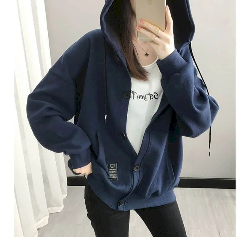 

Solid Jackets for Women Korean Fashion Loose Long Sleeve Hooded Cardigans Oversized Single Breasted Coats Casual Women Clothes