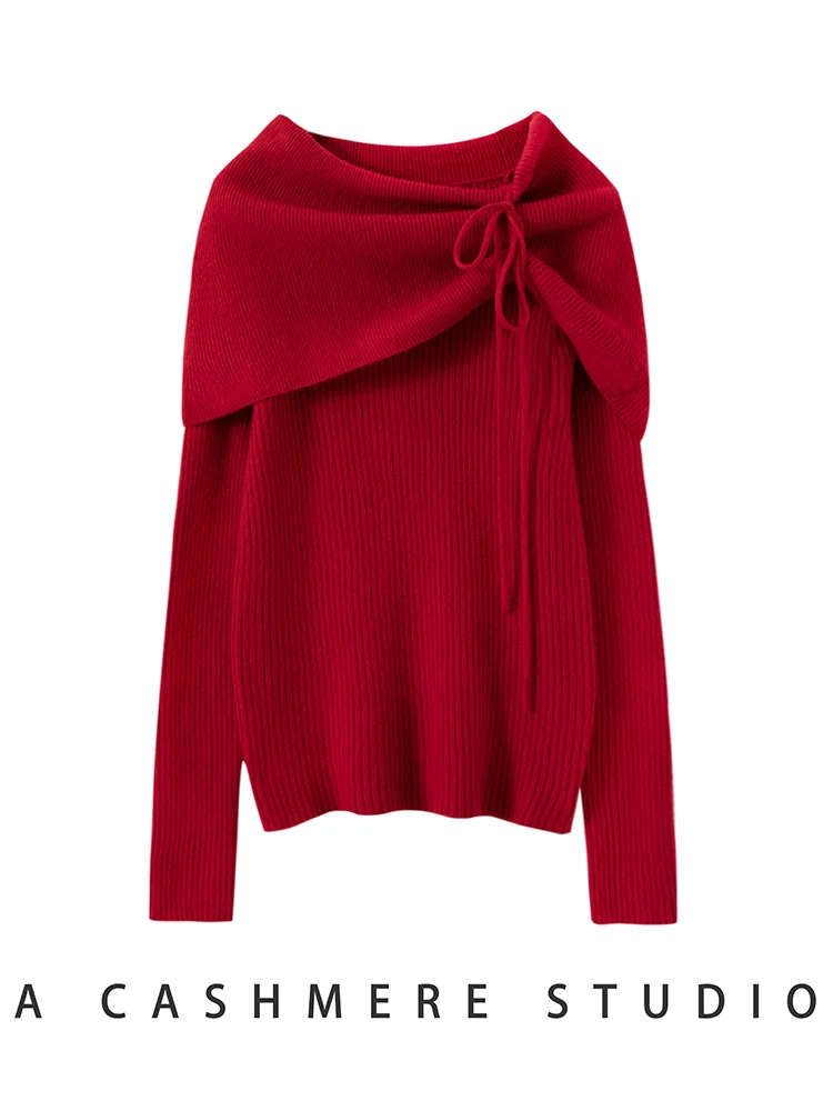 ADDONEE Women's 100% Cashmere Sweater Ruffled Collar Pullover Slash Neck Cashmere Knitwear Autumn Winter Grace Soft Clothes