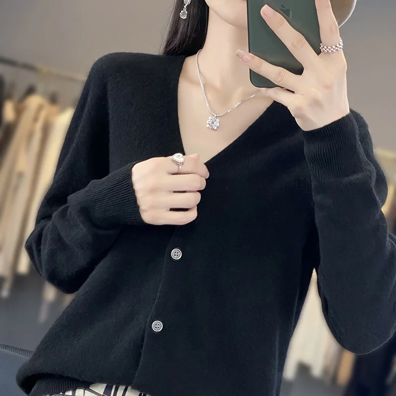 ฤดูใบไม้ร่วงฤดูหนาว 100 Merino ขนสัตว์เสื้อกันหนาว Elegant CASHMERE Pullover ผู้หญิง V คอยาวแขนยาวเสื้อถัก Basic เสื้อผ้าเสื้อจัมเปอร์