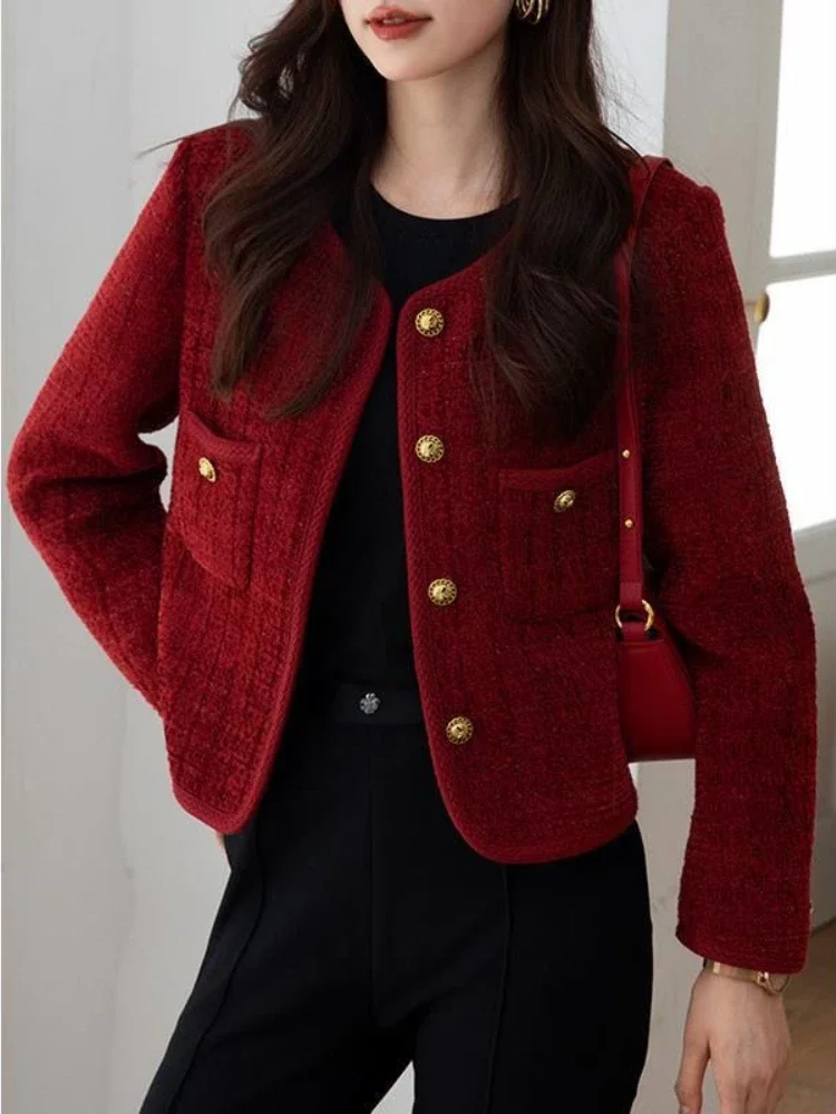 Wine Red Women\'s Jackets 2024 Autumn and Winter New  Metal Buckle Short Women Coat Korean Fashion Slim Elegant Tweed Jackets