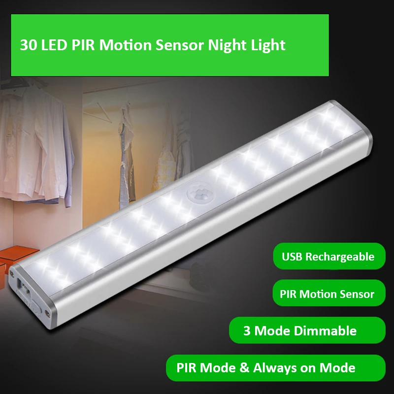 USB Rechargeable 30 LED PIR Motion Sensor Light Sensor Night Light 3 Mode Dimmable For Cupboard Wardrobe Kitchen Night Light