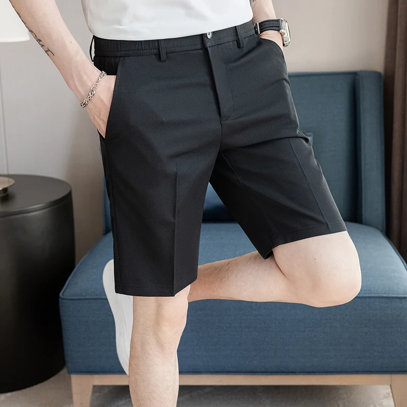 Summer Smart Casual Shorts Men Fashion Solid Color Slim Suit Shorts Mens Dress Office Knee Length Short Pants Male Streetwear