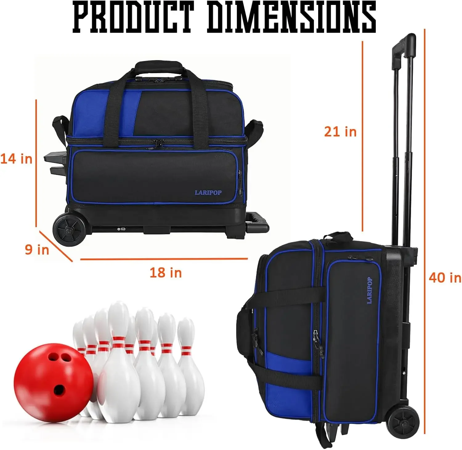 2-Ball Bowling Bag, Featuring a Separate Large Shoe Compartment Capable, a 3-Section Telescopic Handle that Extends