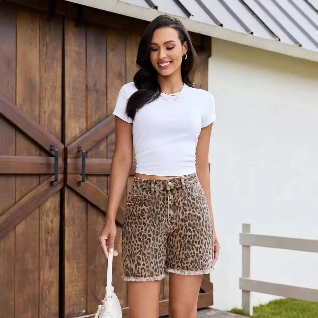 Retro Leopard Print Hole Ripped Frayed Waist Denim Shorts Women's Summer New Style Cross-Border High Waist Cotton Stretchy