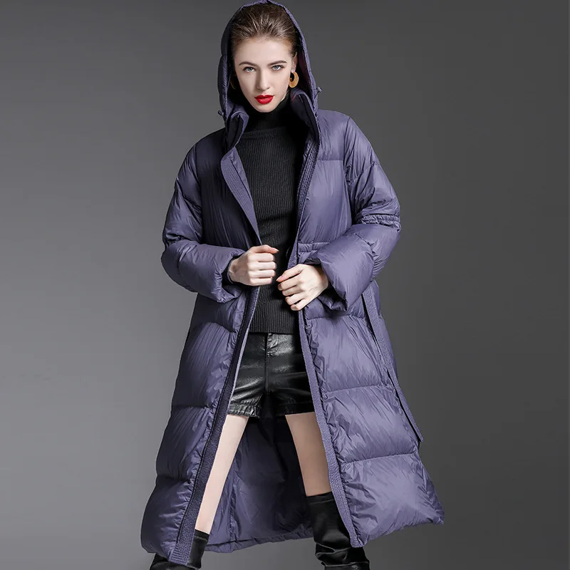 Luxury Brand High-Quality Long Down Jacket Winter Warmth Women's Slim-Fit Puffer Jacket Belted Design Cold-Resistant Coat Hooded
