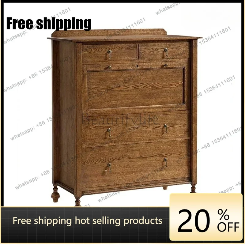 zj.French retro solid wood living room flip small desk storage American light luxury bedroom storage cabinet