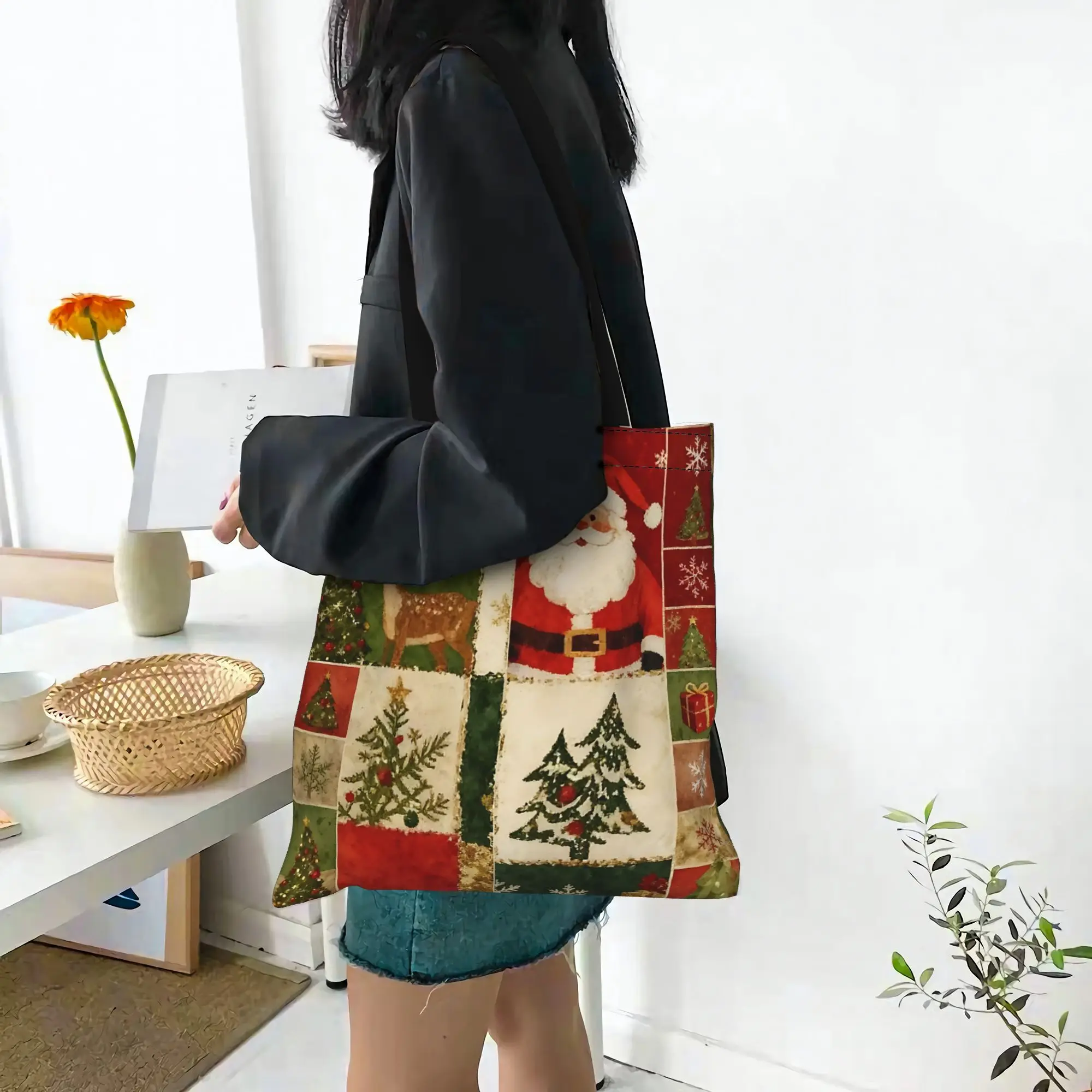 Customized Christmas Patchwork Seamless Pattern Women's Bag Shopping Bag Reusable Double Sided Canvas Tote Bag Shoulder  Handbag