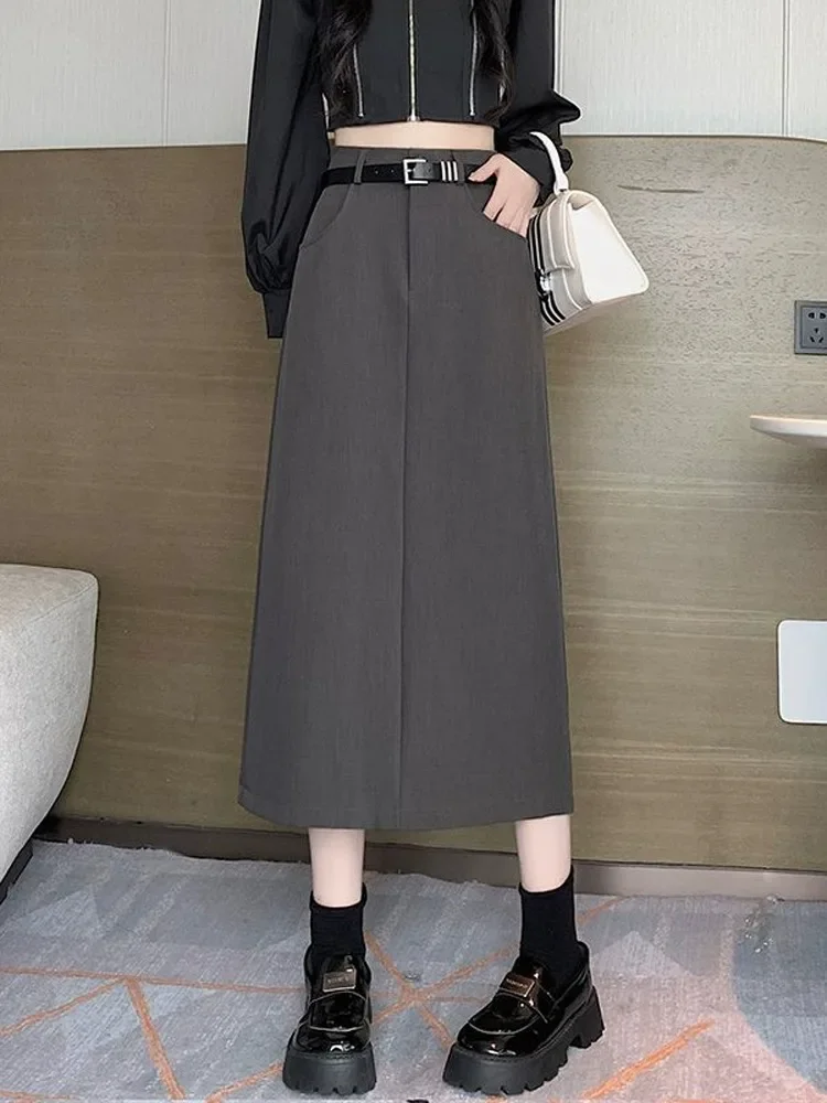 Grey High-waisted A- line Skirt Half Dress Petite Long Dress Autumn/winter For Women Side Slit Workwear