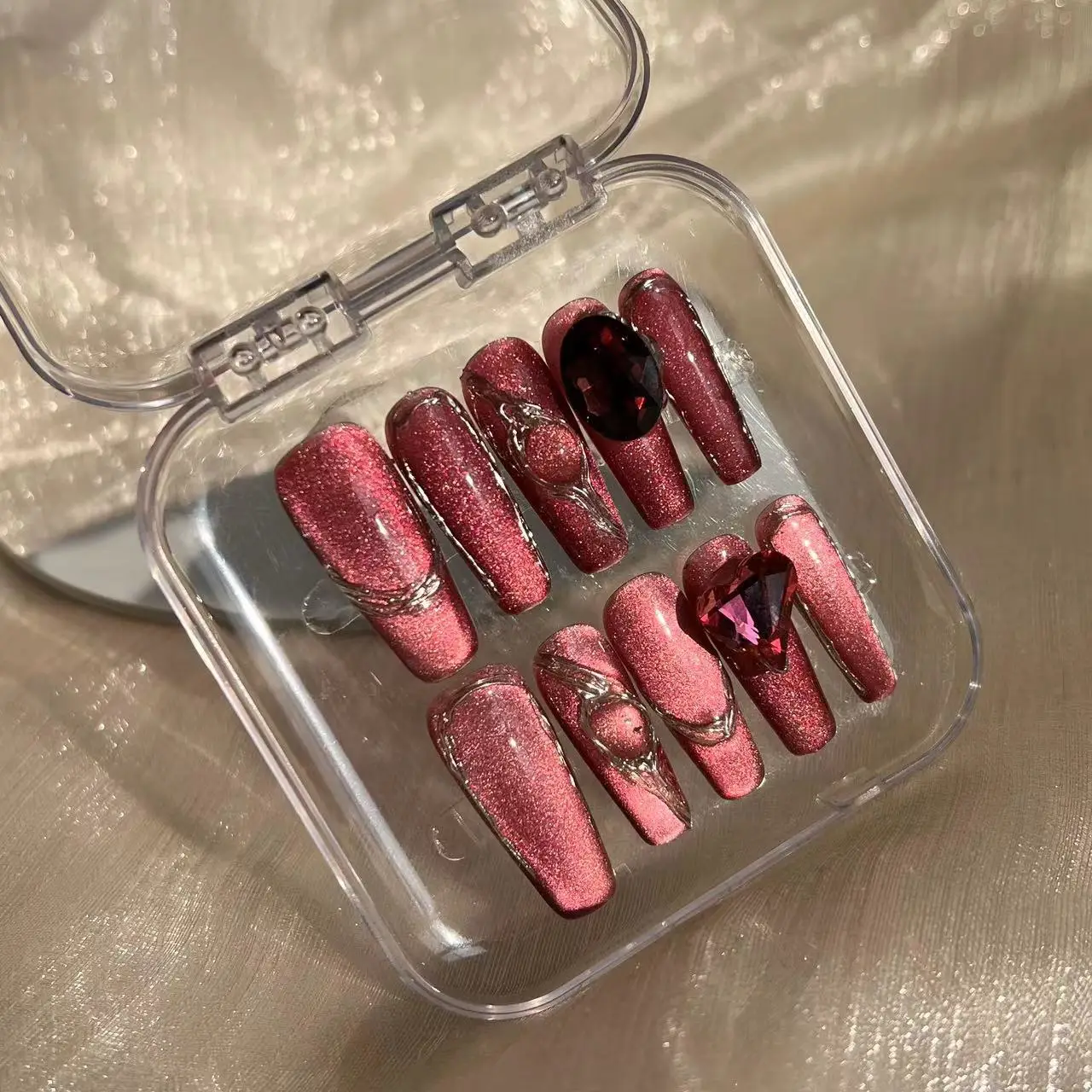 10pcs High Quality DIY Handmade Long coffin version 3D Cat eye manicure red luxury press on nails