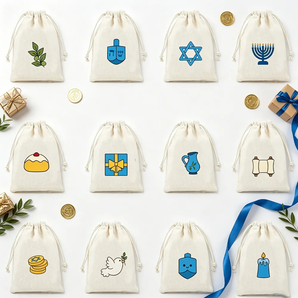 12Pcs 10x14cm Hanukkah Cotton Gift Bags Drawstring Pouches Jewish Holiday Party Favor Bags for Candy Treats Presents Goodie bag