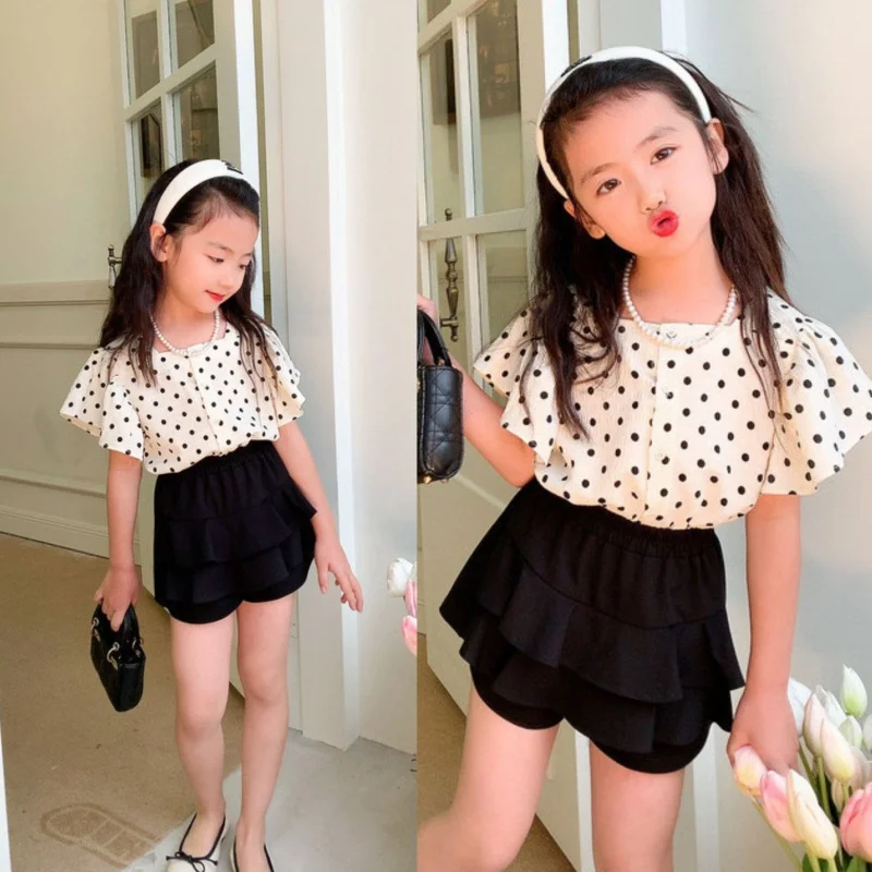 Girls 'Sweet Polka Dot Puff Manga Top e Calças Set, Crianças One Piece, Verão, Drop Shipping, Novo