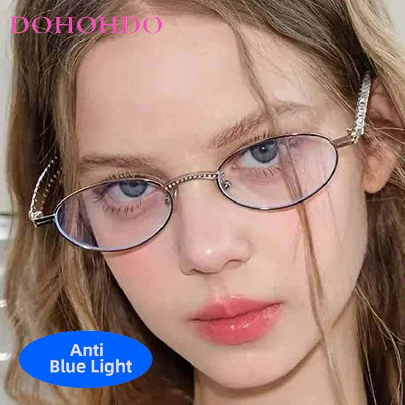 

Luxury Brand Design Rhinestone Small Oval Metal Anti Blue Light Glasses Women Men Optical Eyeglasses Trendy Computer Glasses