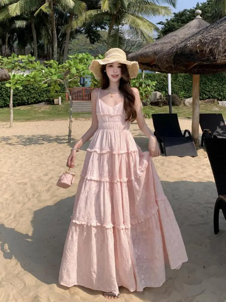 

Summer Vintage Sweet Pink V Neck Elegant Sleeveless Slip Long Dress Women High Waist Sexy Holiday Ruffles Pleated Party Dresses