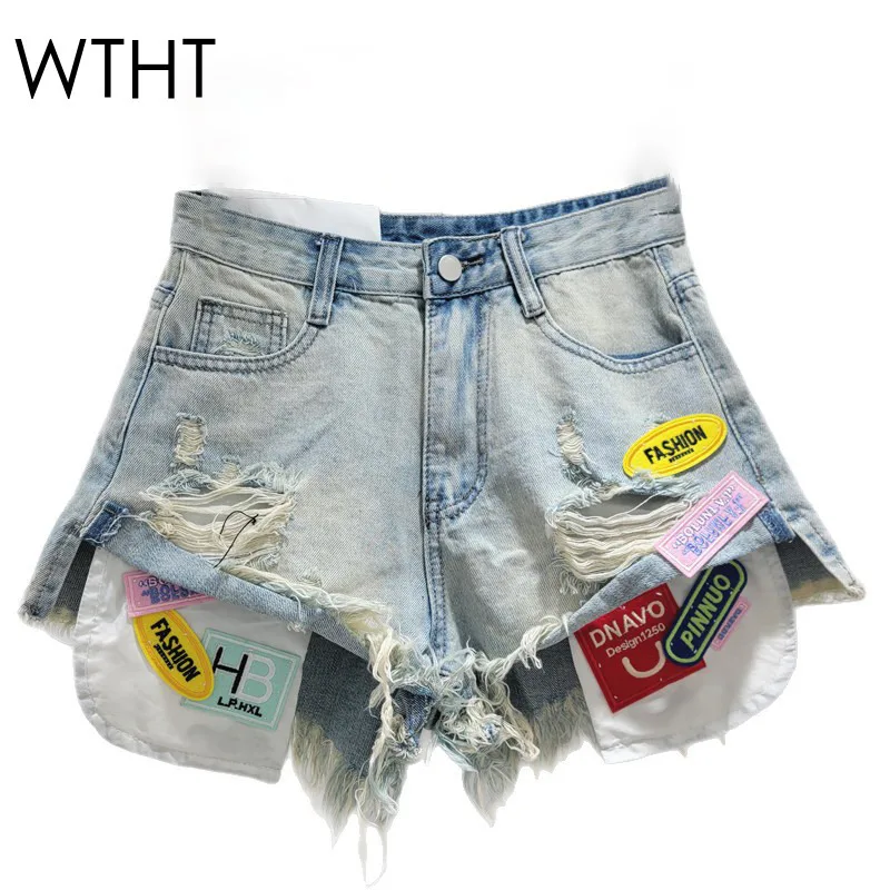 

WTHT New Trendy Women's Spliced Hole Burr Edge Denim Shorts 2025 Summer Fashion High Waist A-line Short Pants Female 1LS2103