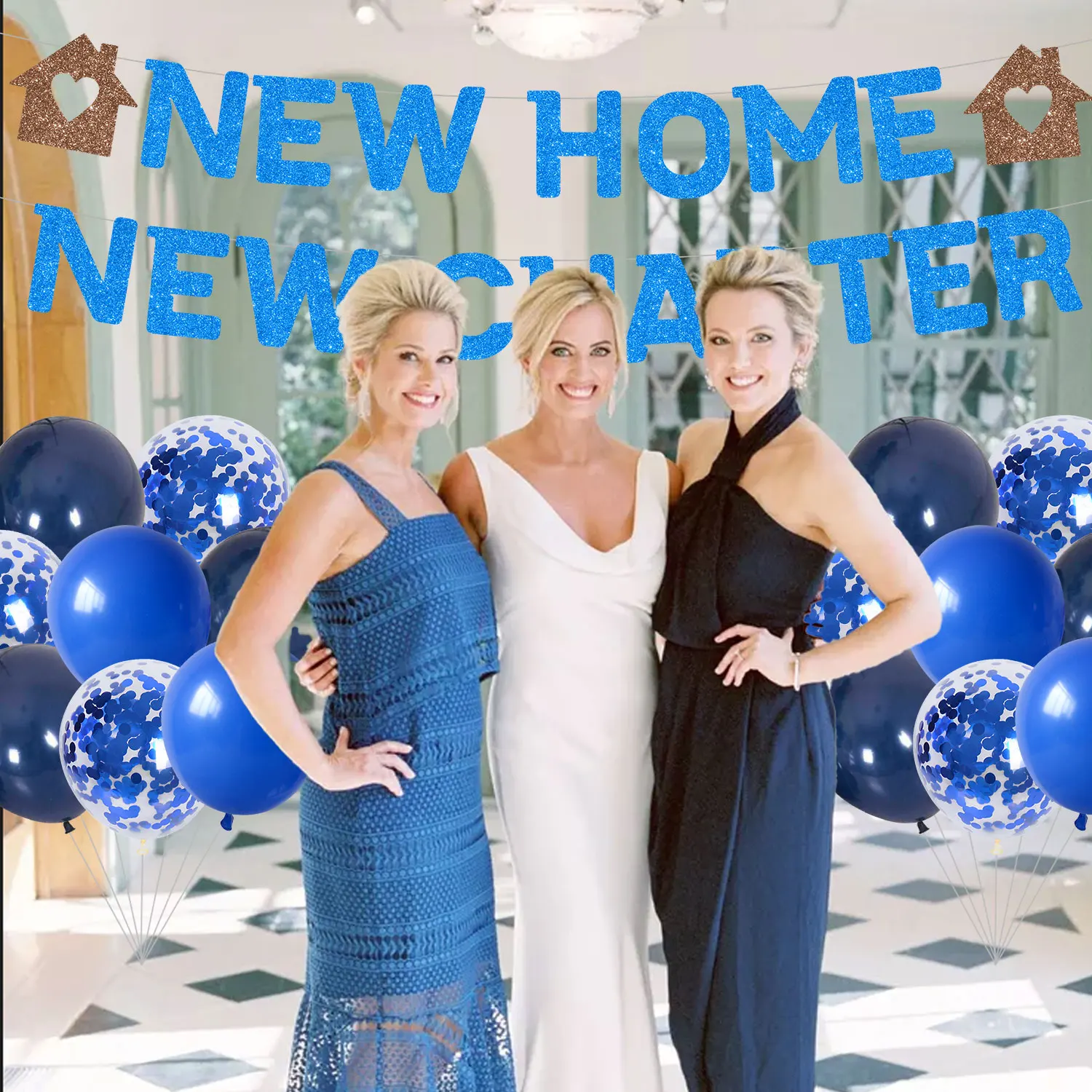 New Home New Chapter Letter House Decor Banner Blue Latex Balloon Gold Scallion Paper Set New Home Party Decoration Supplies Set