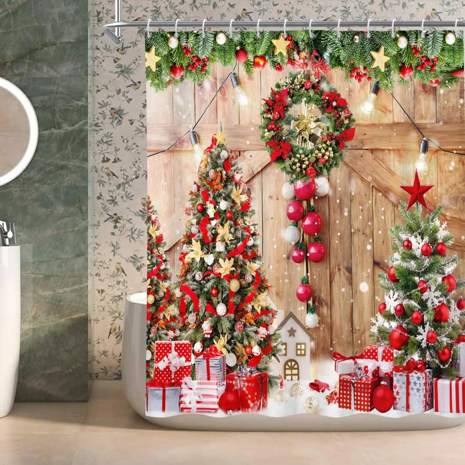 Christmas Shower Curtain Winter Christmas Tree Shower Curtains Sets for Bathroom Holiday Xmas Snowflake Farmhouse Wood Barn Door Bathroom Decor 72x72 in with 12 Hooks