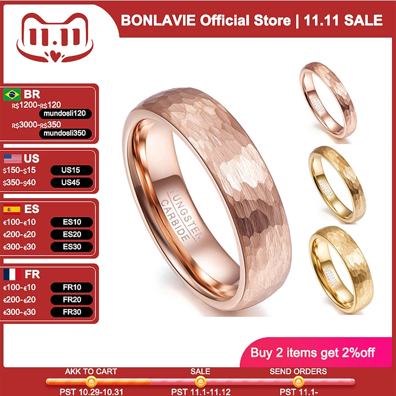 BONLAVIE 4mm 6mm Tungsten Steel Rings Classic Men Women Wedding Bands Ring Jewelry Gold Rose Color Geometric Figure Couple Gift