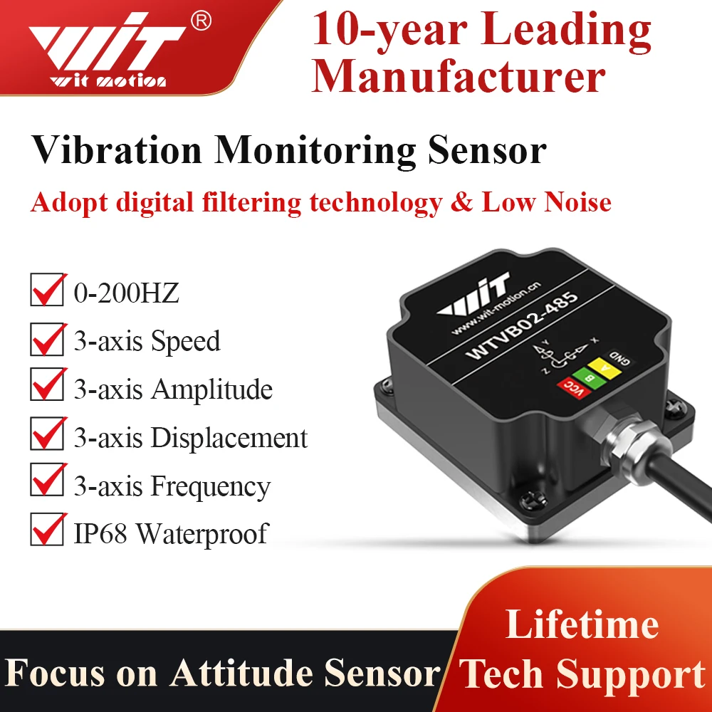 WitMotion WTVB02-485 Trójosiowy czujnik wibracji (przesunięcie+prędkość+amplituda) IP68 wodoodporny do monitorowania wibracji silników i pomp — zdjęcie produktu 7
