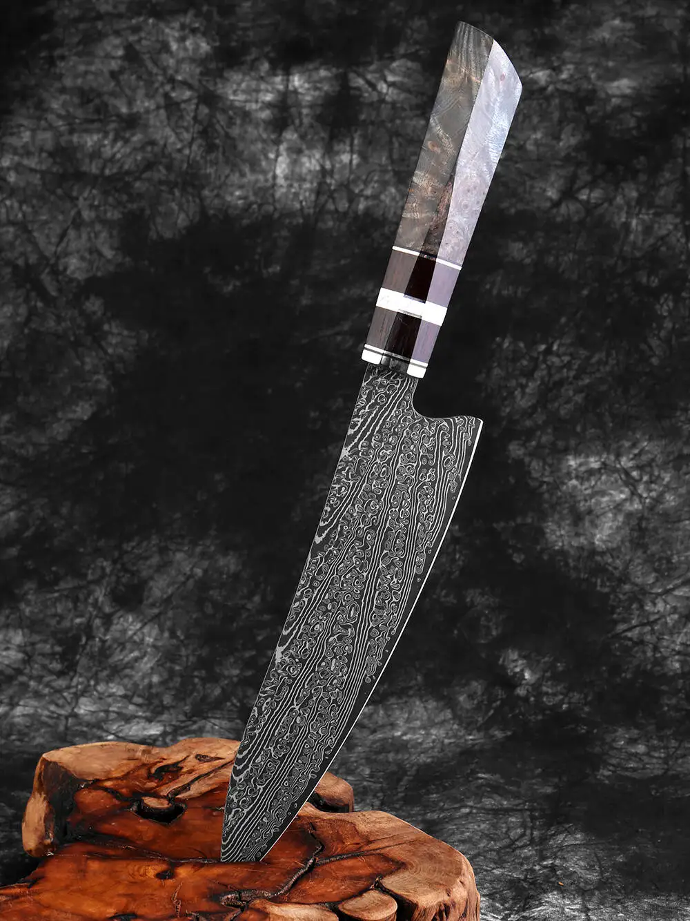 Japanese Chef Knife 8 Inch Kitchen Slicing Knife, Black Blade Damascus Steel Sharp, Sushi Cooking Knife Stabilized Wood Handle
