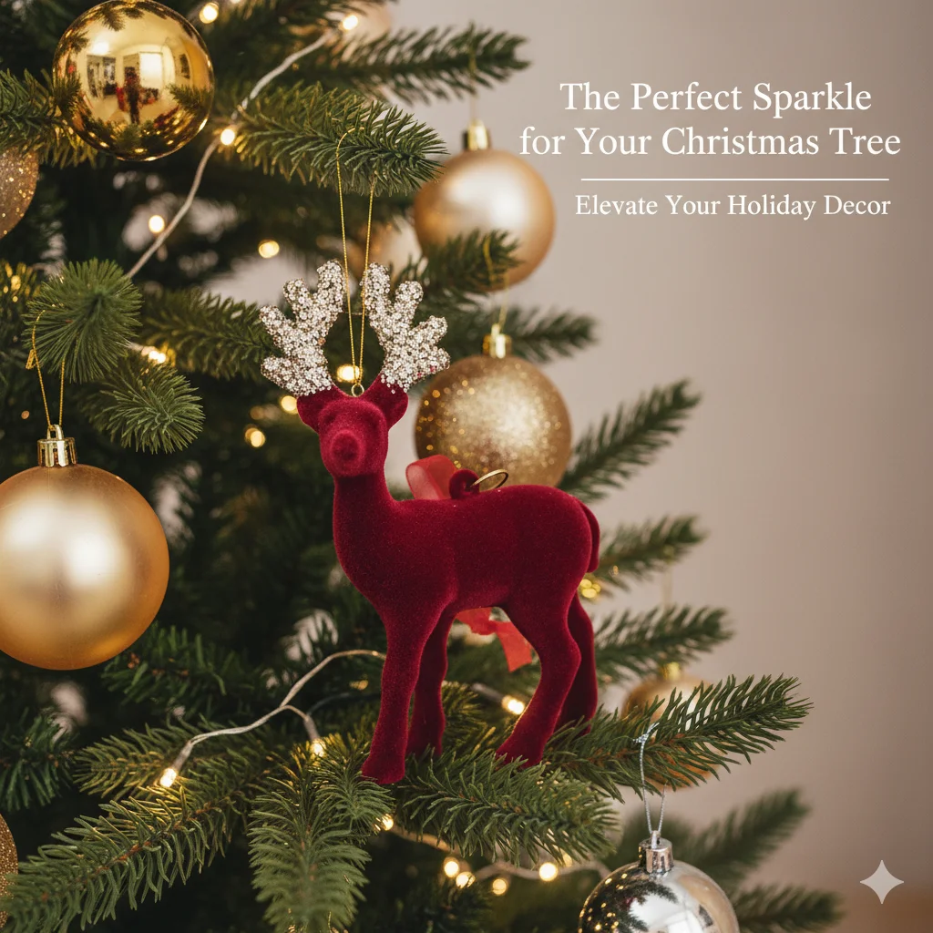 

Christmas Wine Red Velvet Reindeer Ornament Glitter Antler Elk Decoration Set for Tabletop Home Tree Holiday Scene Display