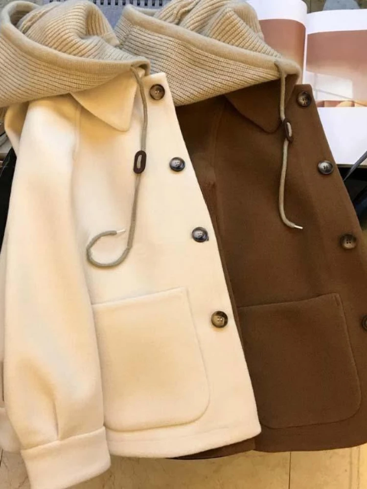 Women's Autumn Winter New Hooded Woolen Jacket New Woolen Coat Style Petite Cropped Thickened Feeling Short Style Overcoat