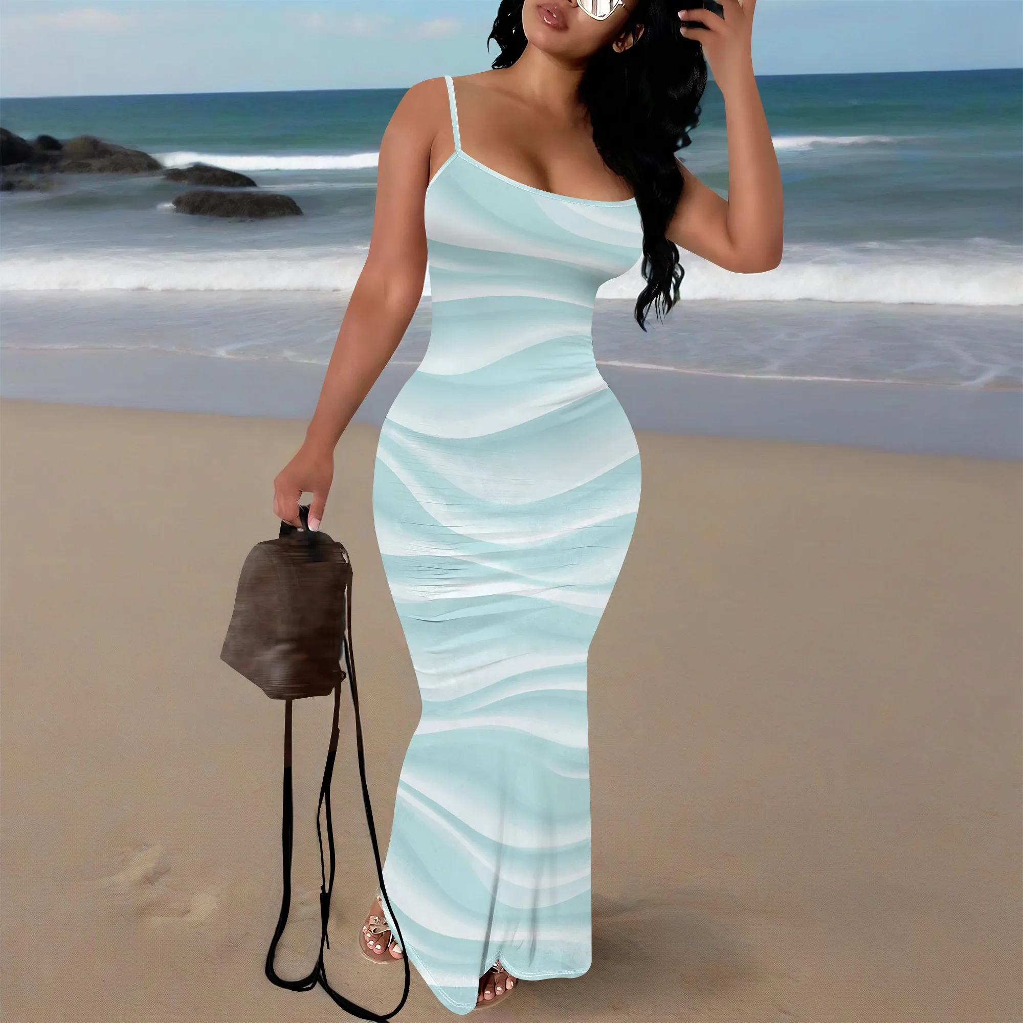

Women's Wave Print Maxi Dress XS-3XL | Spaghetti Strap Bodycon Mermaid Gown | Summer Beach Vacation Party Sundress