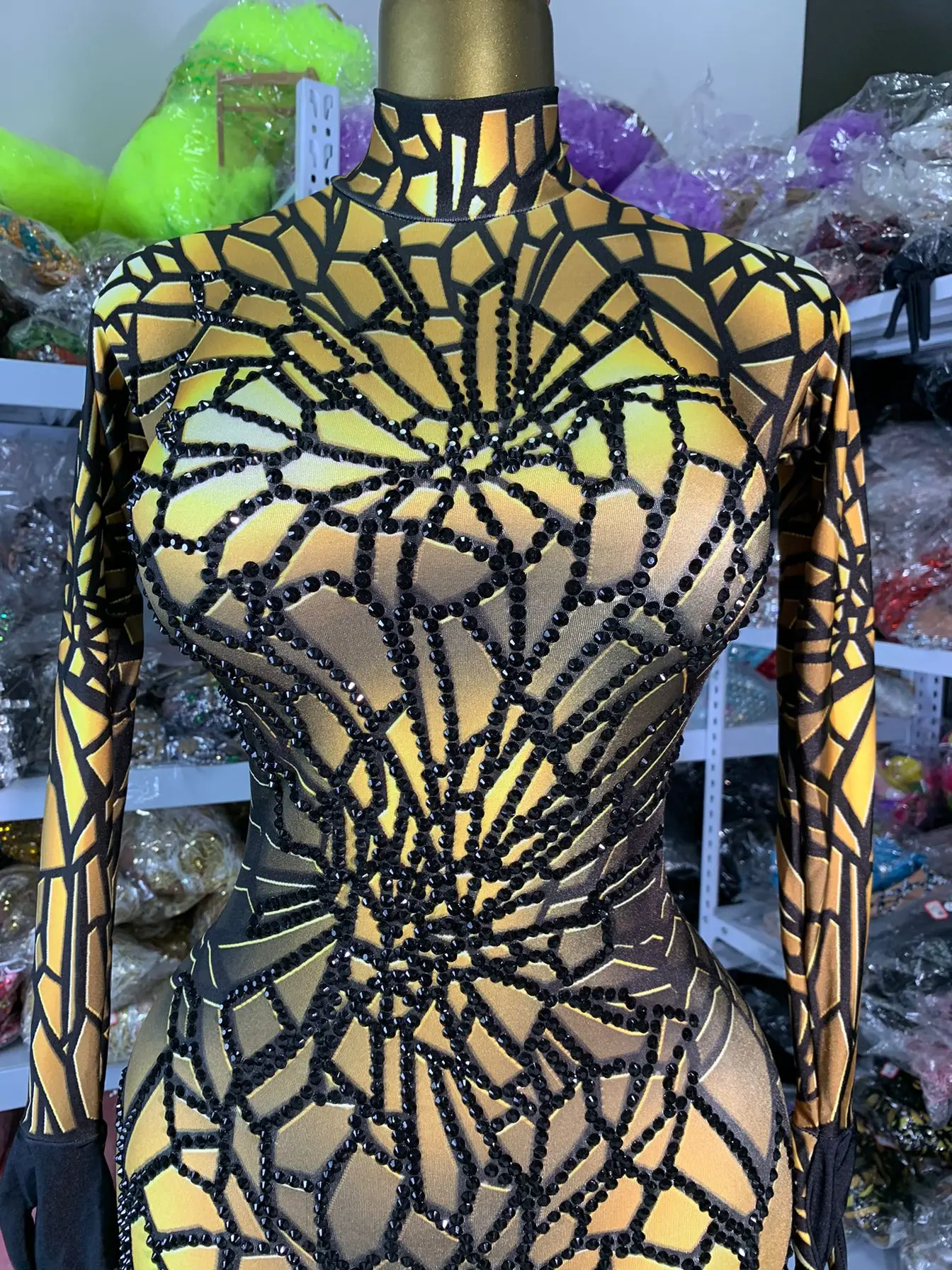 

Glitter Rhinestones Spider Print Jumpsuits with Gloves for Women Stretchable Special Occassion Cosplay Party Dresses Costumes